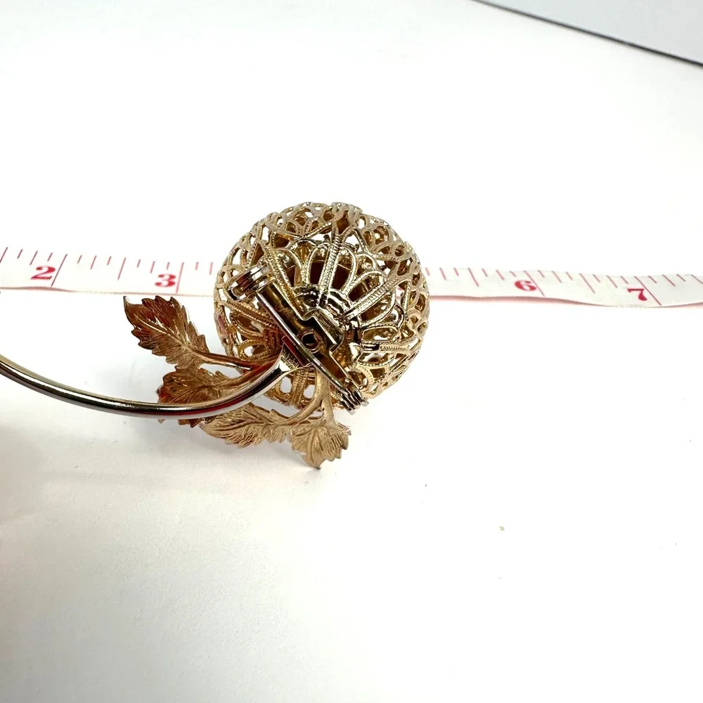Vintage Gold Tone Purple Rhinestone Pink Enamel Leaf Floral Filigree Brooch Pin
